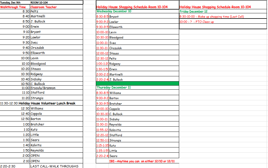 class shopping schedule